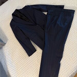 Theory Navy Blazer and Pants in Striped Stretch Wool